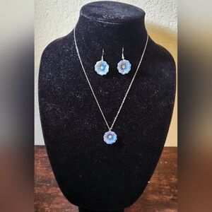 Blue Floral Pendant Necklace and Earring Set